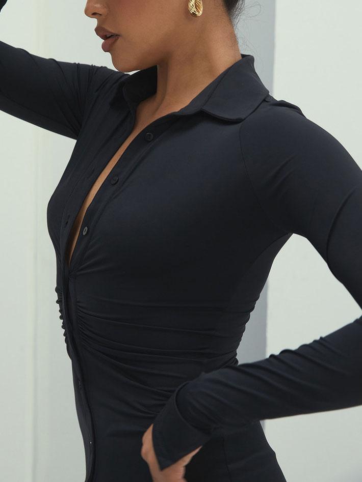 Pleated V-neck Long-sleeved Bodycon Dress ins