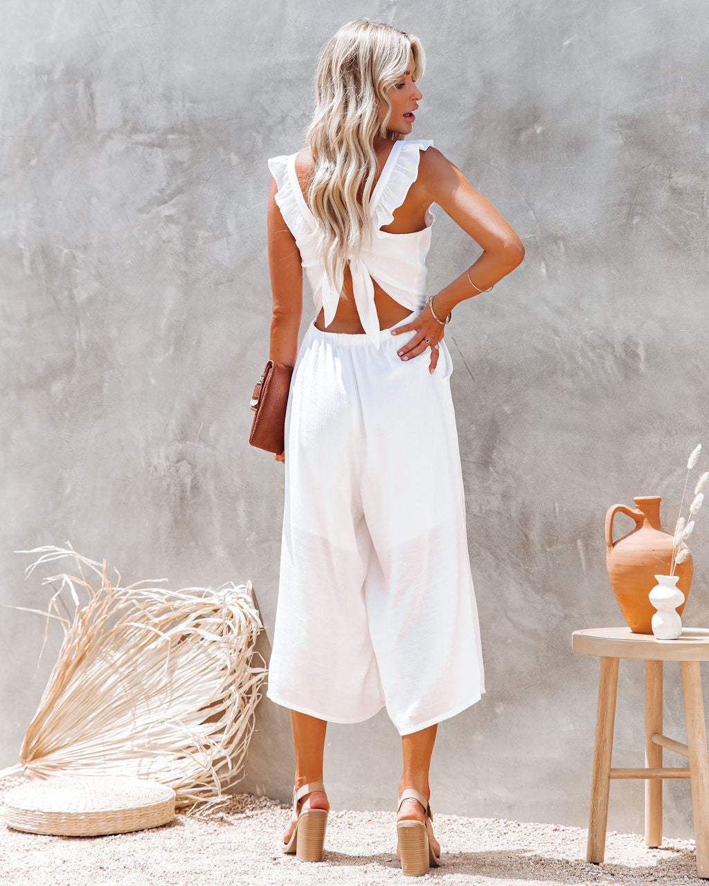 Fashion Faithful Pocketed Ruffle Tie Back Jumpsuit - White - FINAL SALE Ins Street