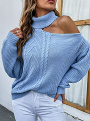 Mixed Knit Cold-Shoulder Turtleneck Sweater Ins Street