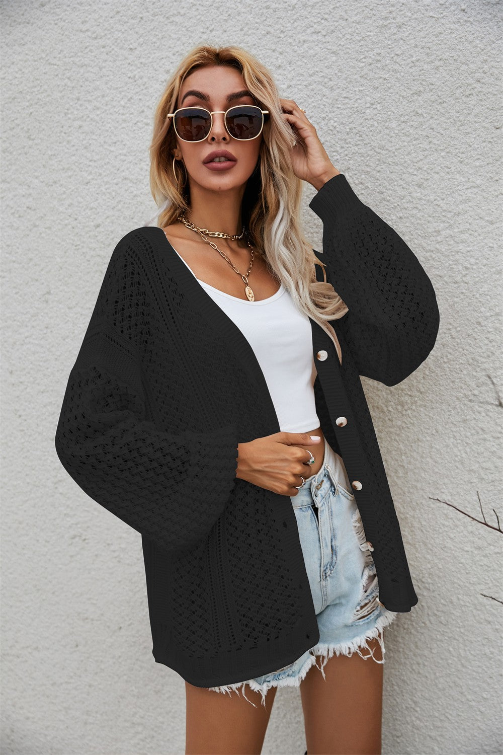 Openwork V-Neck Dropped Shoulder Cardigan Ins Street