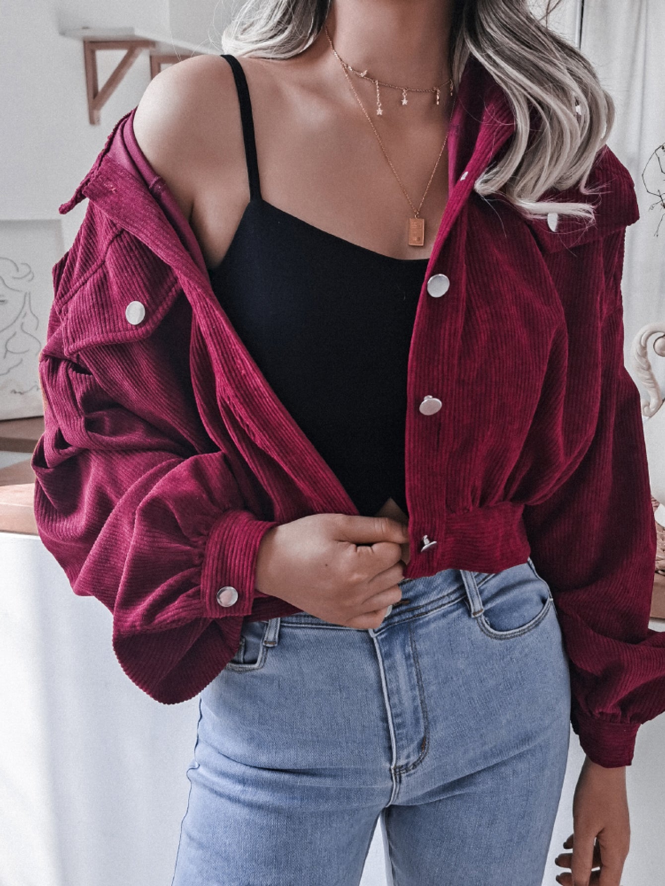 Lantern Sleeve Cropped Corduroy Jacket Ins Street