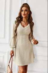 Lantern Sleeve V-Neck Textured Knit Dress Ins Street