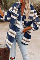 Women's Long Sleeve Loose Woolen Plaid Shirt Jacket Ins street