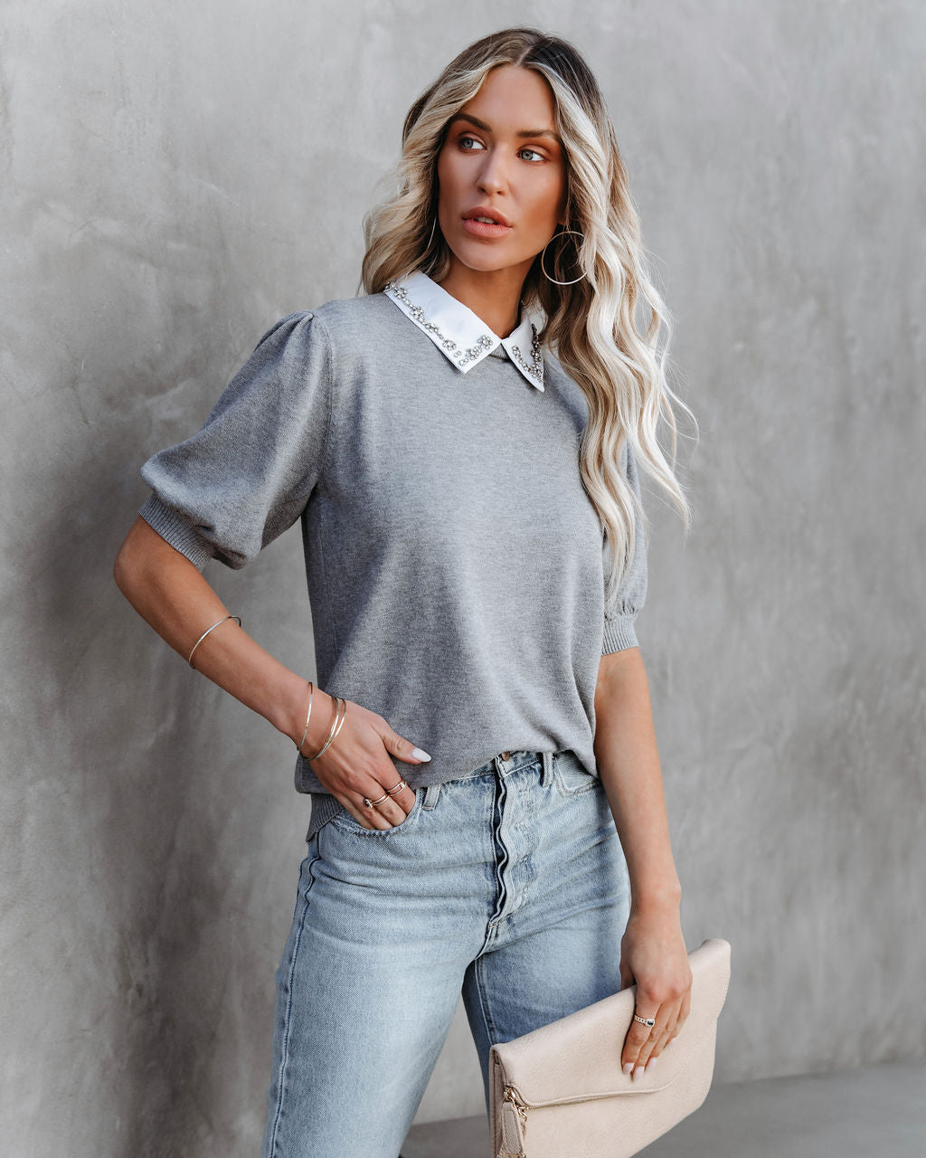 Fiona Puff Sleeve Embellished Collar Top - Heather Grey Ins Street