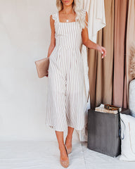 Flip Side Cotton Blend Pocketed Striped Ruffle Jumpsuit - Taupe Ins Street