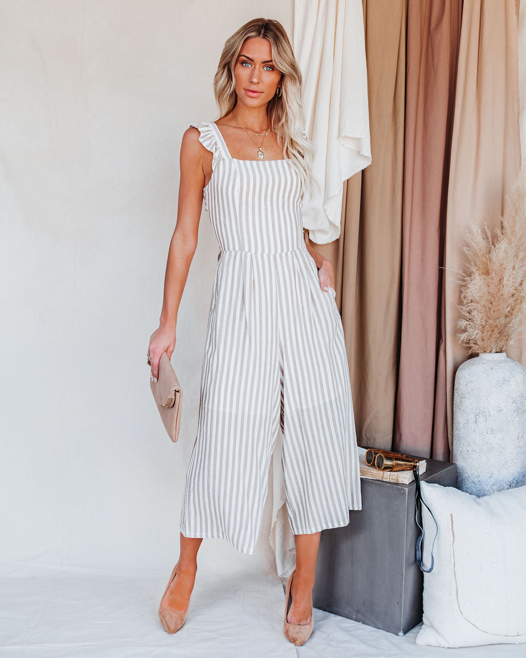 Flip Side Cotton Blend Pocketed Striped Ruffle Jumpsuit - Taupe Ins Street