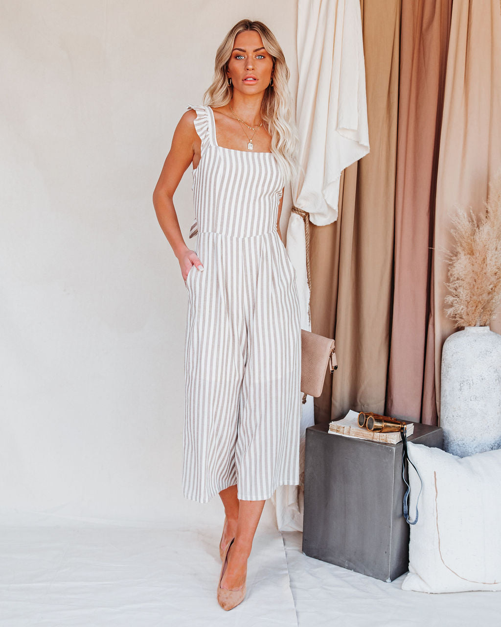 Flip Side Cotton Blend Pocketed Striped Ruffle Jumpsuit - Taupe Ins Street