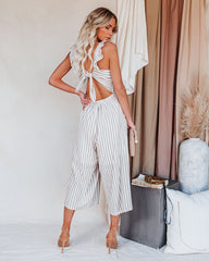 Flip Side Cotton Blend Pocketed Striped Ruffle Jumpsuit - Taupe Ins Street