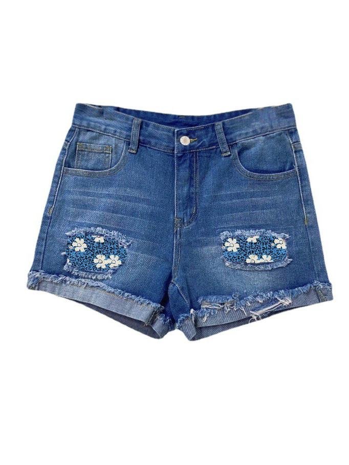 Floral Leopard Print Brushed Denim Shorts Ins Street