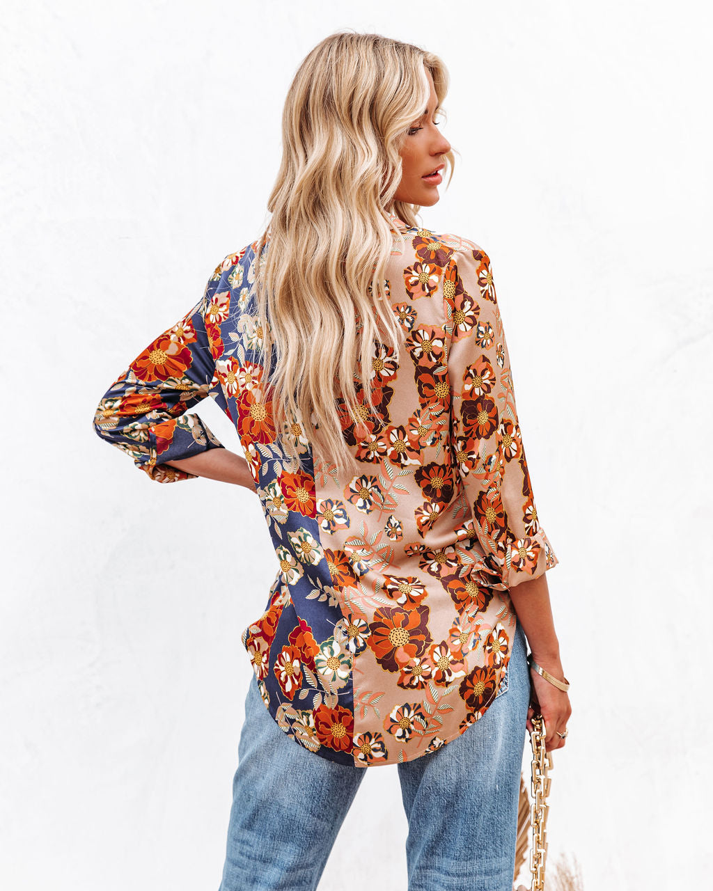 Floral Insight Two-Tone Satin Button Down Blouse Ins Street