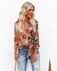 Floral Insight Two-Tone Satin Button Down Blouse Ins Street