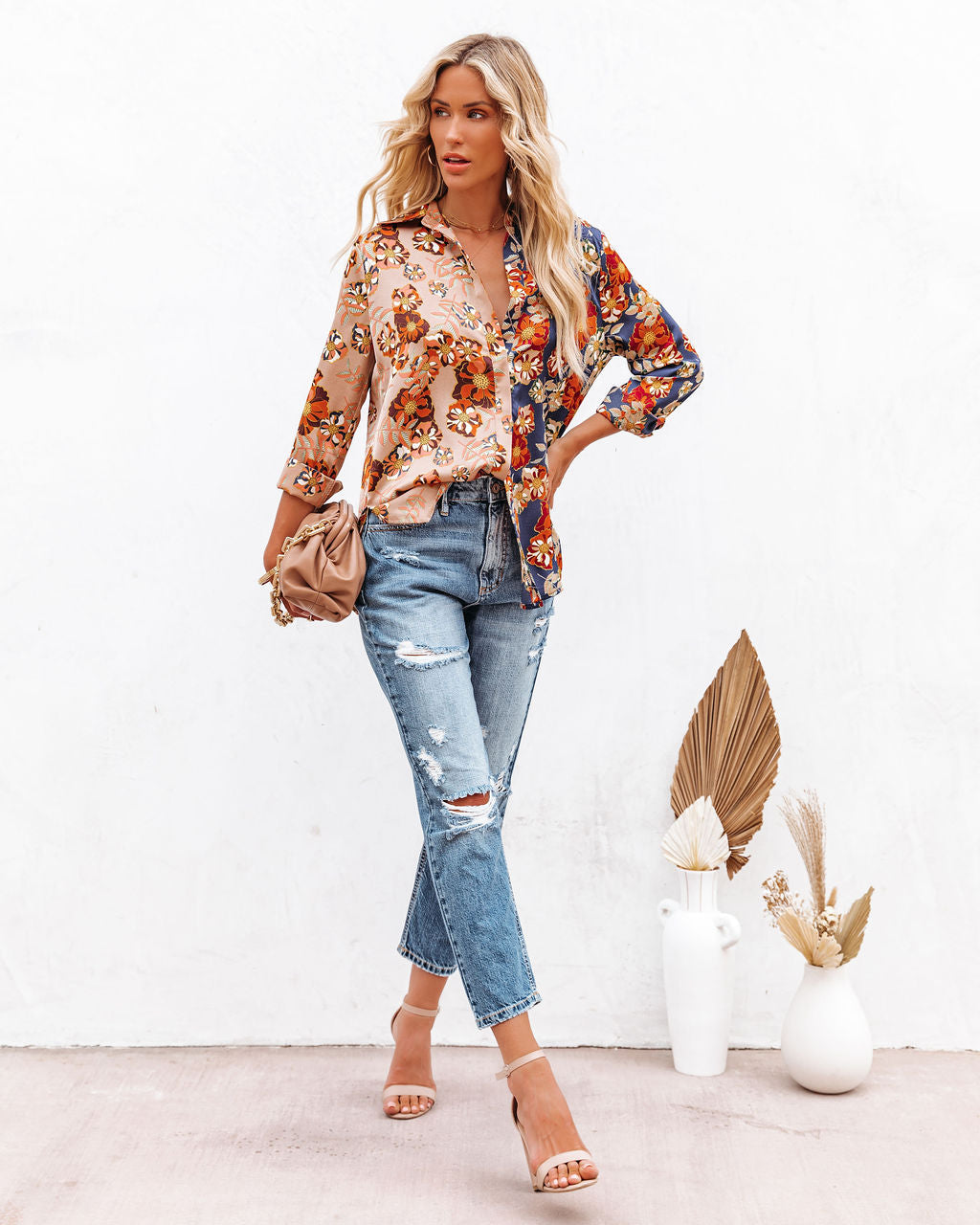 Floral Insight Two-Tone Satin Button Down Blouse Ins Street