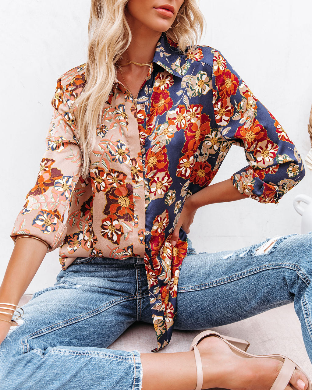 Floral Insight Two-Tone Satin Button Down Blouse Ins Street