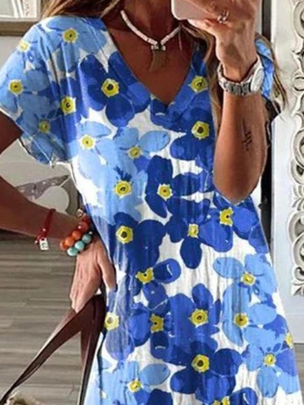 Flower Print V-Neck Short Sleeve Split Dress ins