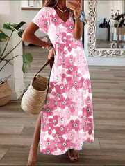 Flower Print V-Neck Short Sleeve Split Dress ins