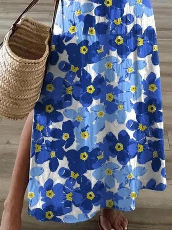 Flower Print V-Neck Short Sleeve Split Dress ins