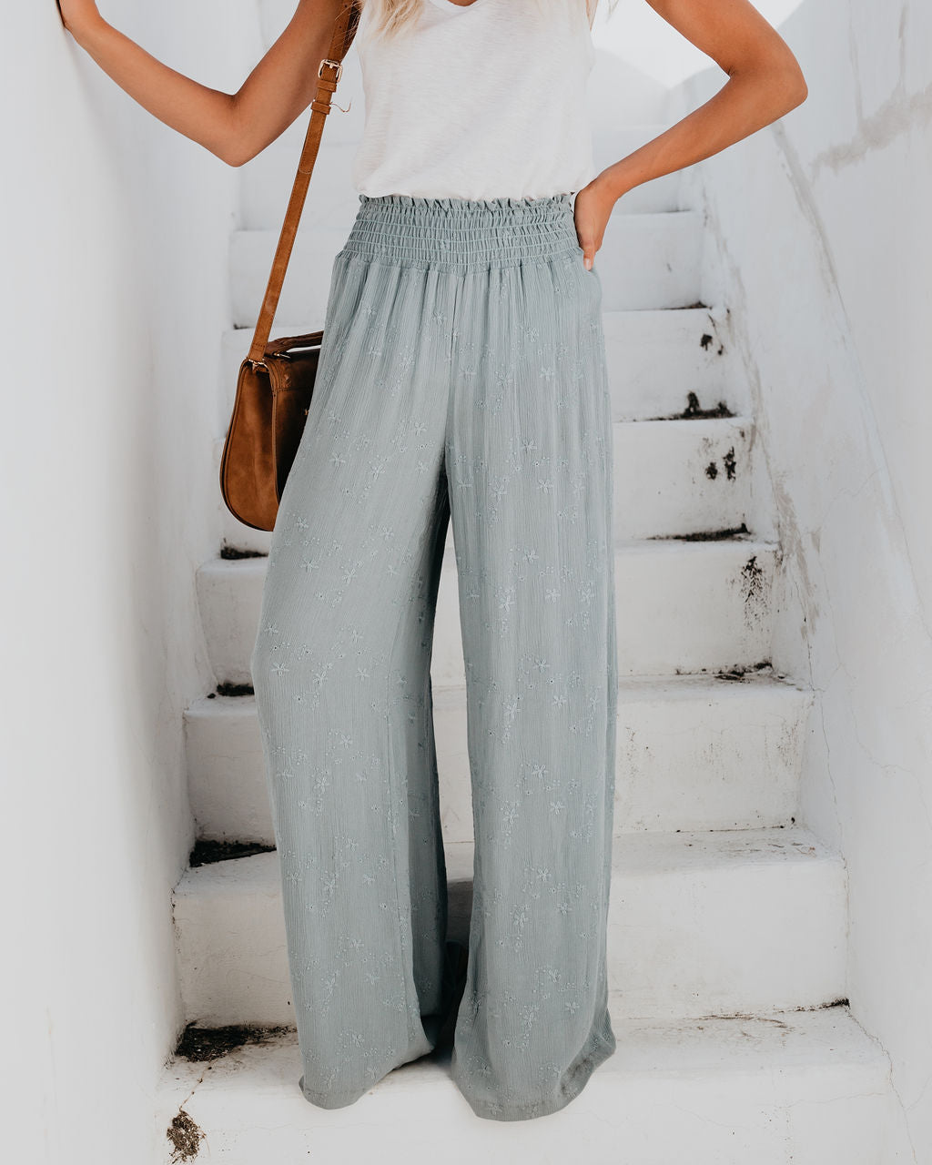 Fresh Air Smocked Embroidered Pants Ins Street