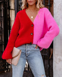 Frostine Button Front Colorblock Cardigan - Pink Red Ins Street