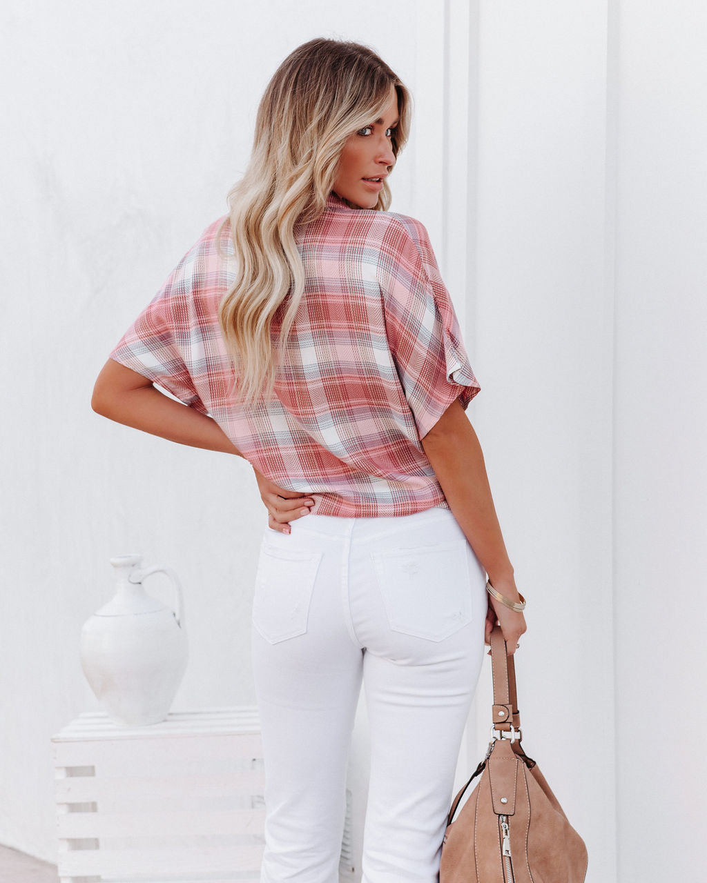 Gaia Plaid Button Down Tie Top - Blush Ins Street