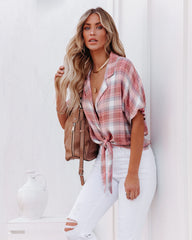 Gaia Plaid Button Down Tie Top - Blush Ins Street