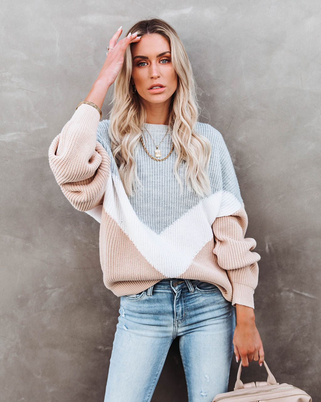 Give Love A Chance Chevron Sweater - Heather Grey/ Taupe Ins Street