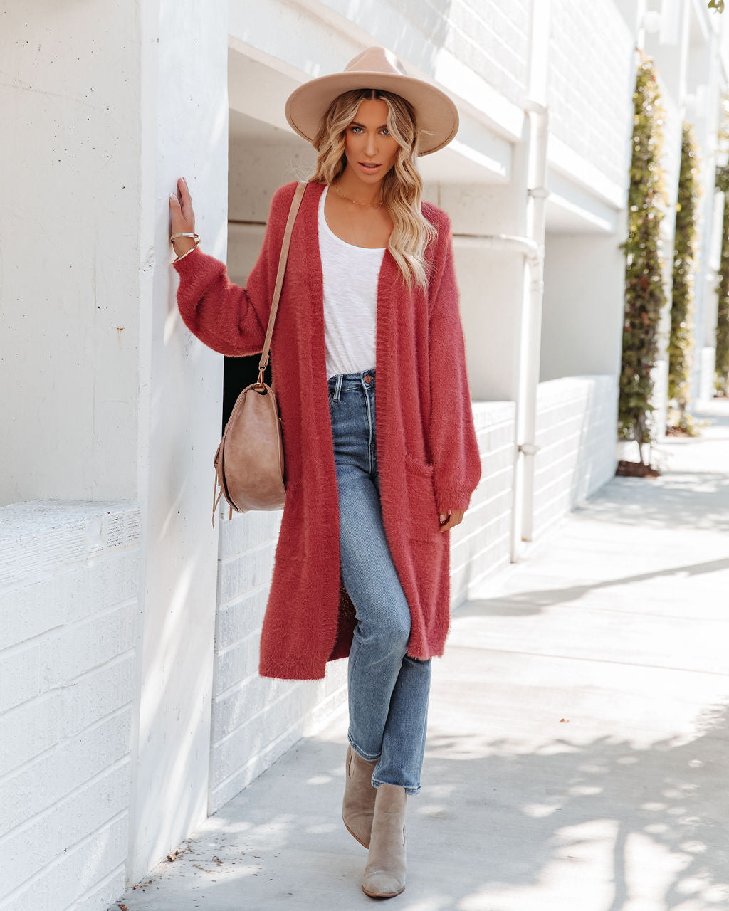 Glorious Pocketed Fuzzy Knit Cardigan - Dark Rose Ins Street