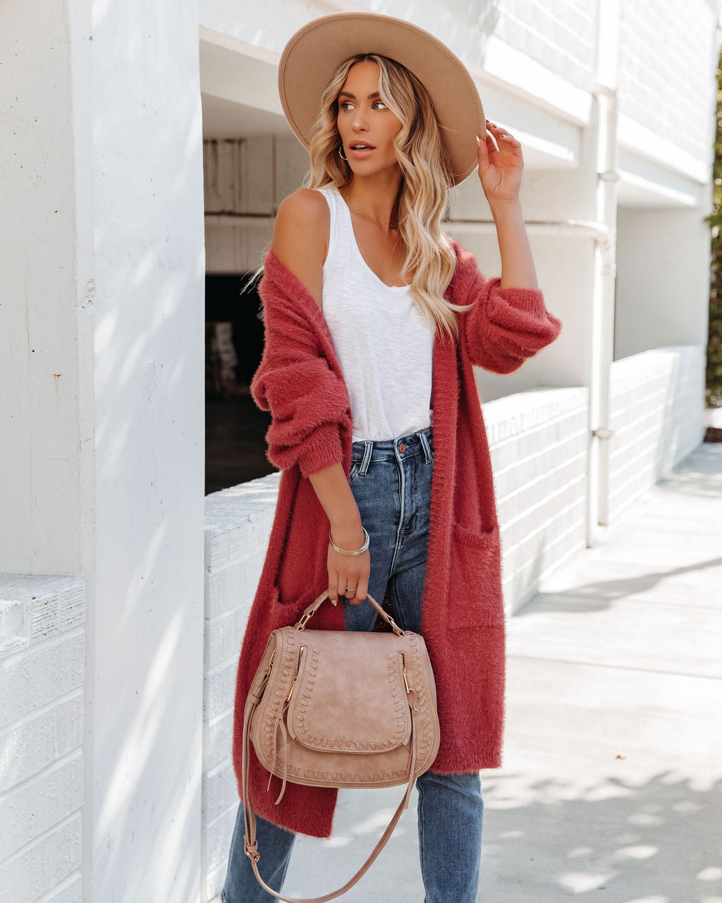 Glorious Pocketed Fuzzy Knit Cardigan - Dark Rose Ins Street