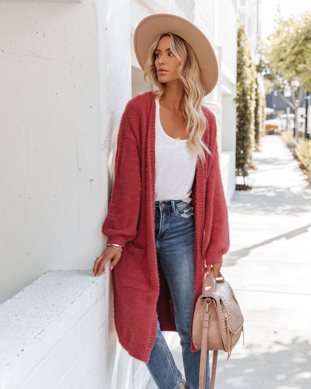 Glorious Pocketed Fuzzy Knit Cardigan - Dark Rose Ins Street