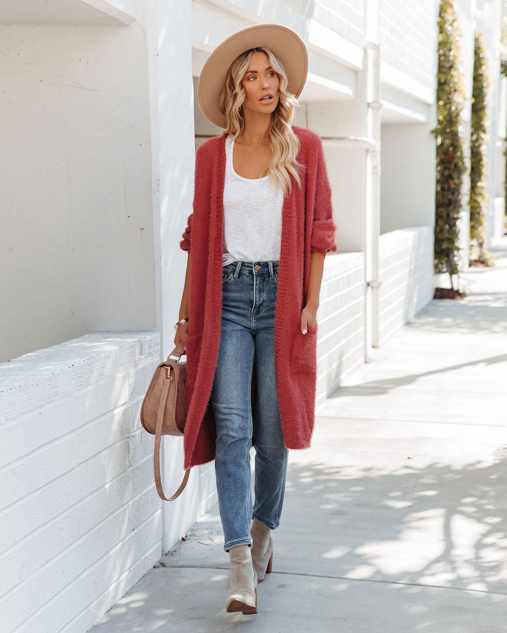 Glorious Pocketed Fuzzy Knit Cardigan - Dark Rose Ins Street