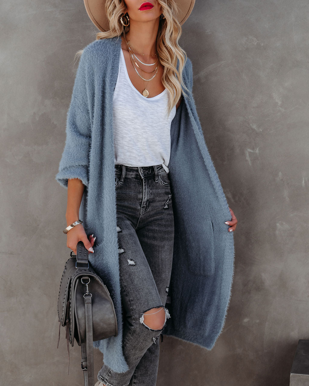 Glorious Pocketed Fuzzy Knit Cardigan - Grey Blue Ins Street