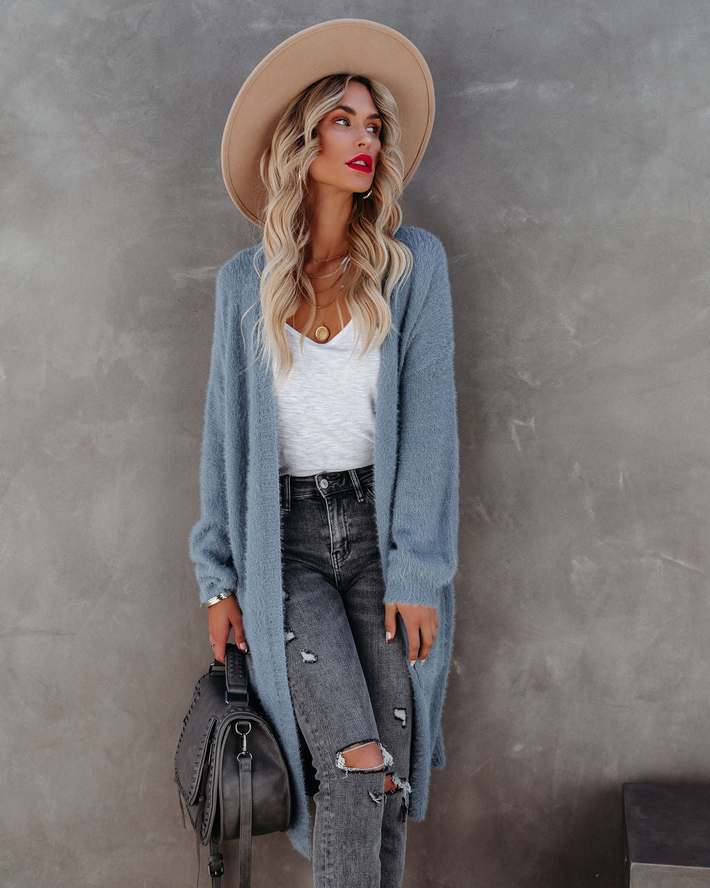 Glorious Pocketed Fuzzy Knit Cardigan - Grey Blue Ins Street