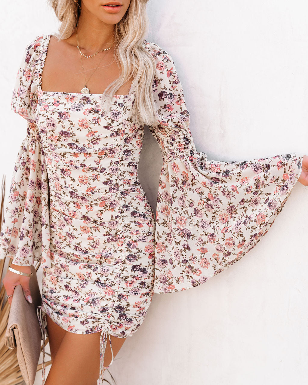 Graylynn Ruched Floral Bell Sleeve Dress Ins Street