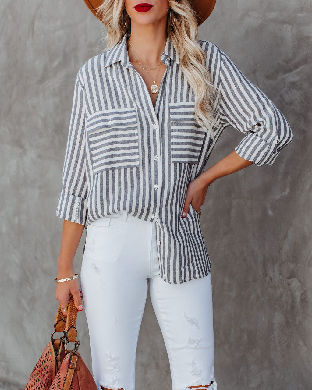 Greenport Cotton Blend Striped Button Down Top - Ink Ins Street