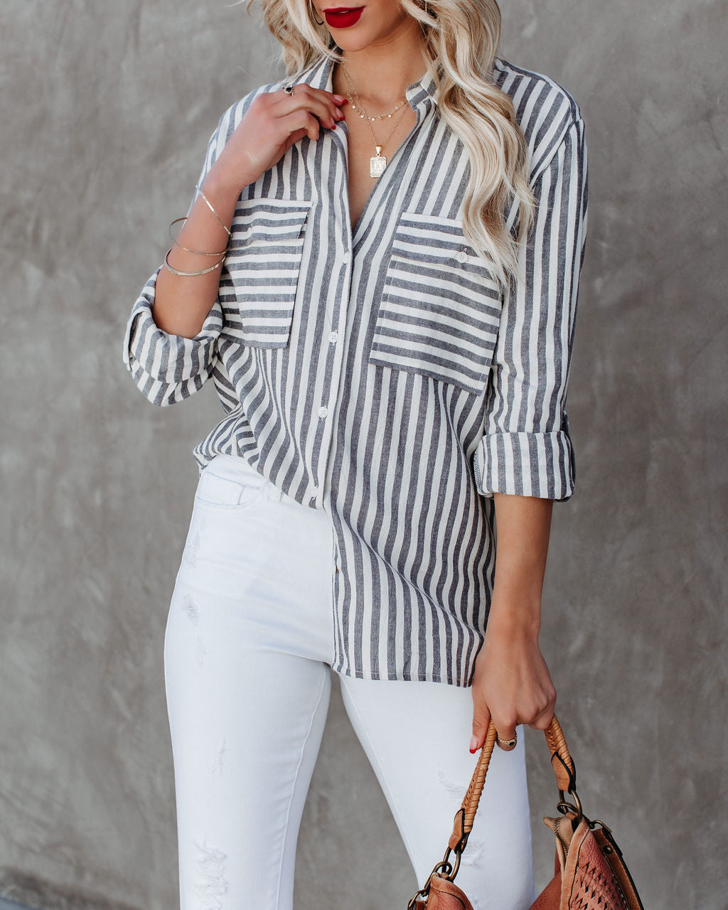 Greenport Cotton Blend Striped Button Down Top - Ink Ins Street