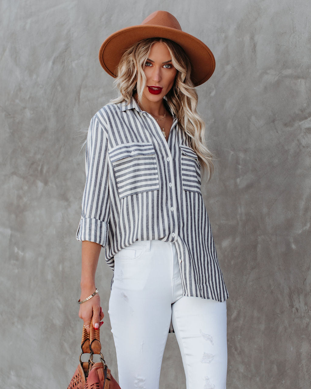 Greenport Cotton Blend Striped Button Down Top - Ink Ins Street