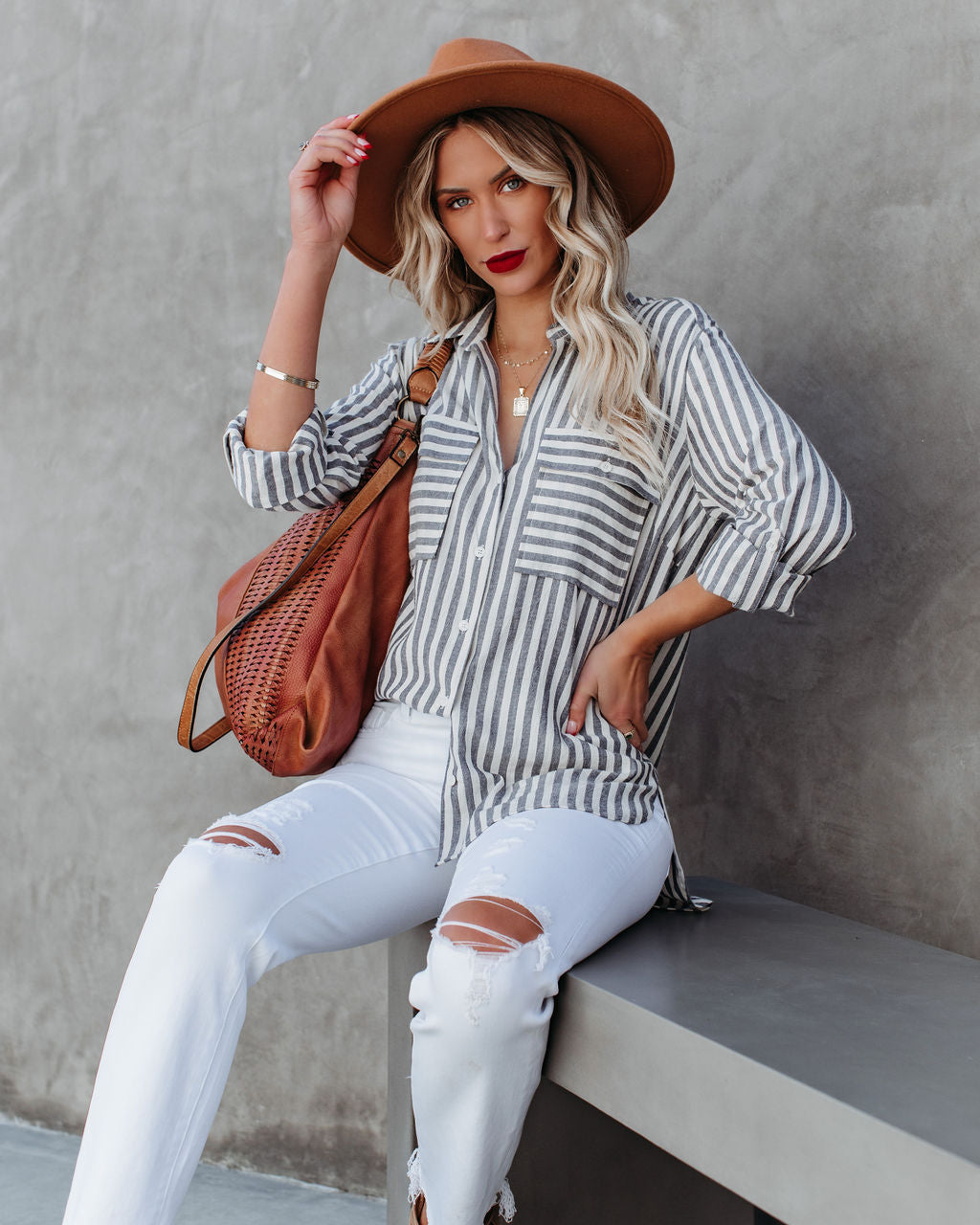 Greenport Cotton Blend Striped Button Down Top - Ink Ins Street