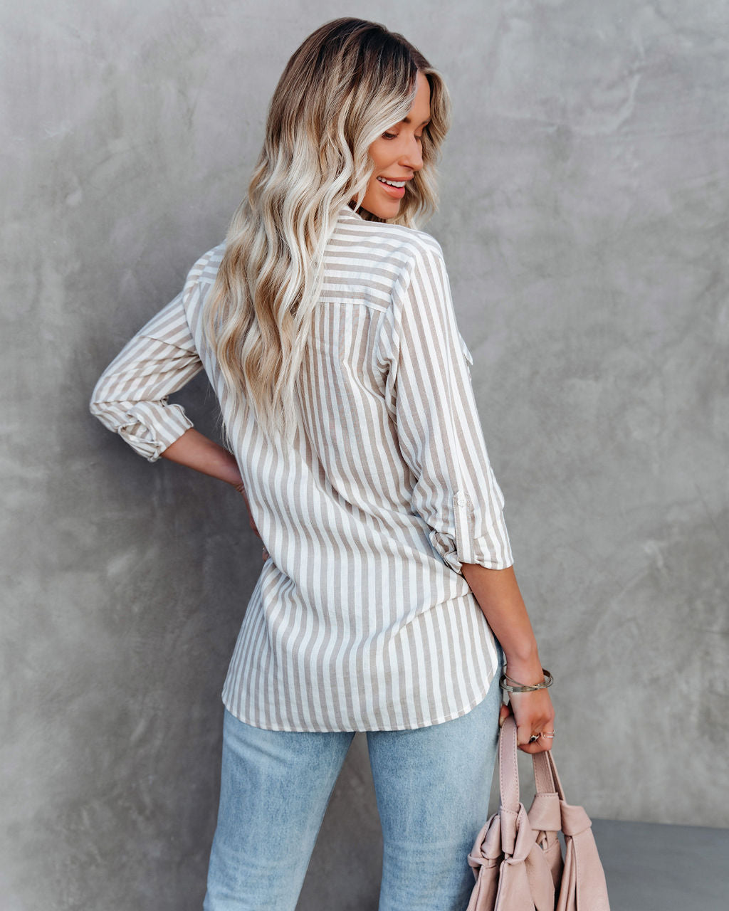 Greenport Cotton Blend Striped Button Down Top - Taupe Ins Street