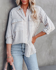 Greenport Cotton Blend Striped Button Down Top - Taupe Ins Street