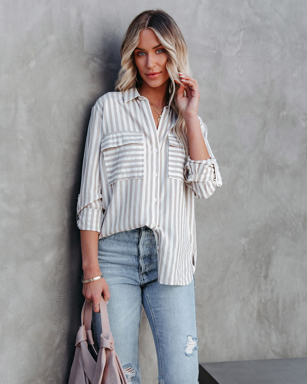 Greenport Cotton Blend Striped Button Down Top - Taupe Ins Street