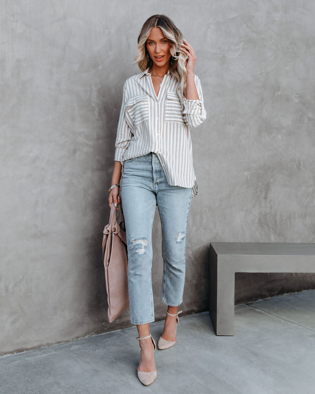 Greenport Cotton Blend Striped Button Down Top - Taupe Ins Street