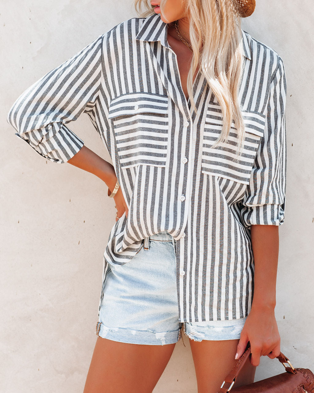 Greenport Cotton Blend Striped Button Down Top - Asphalt Ins Street