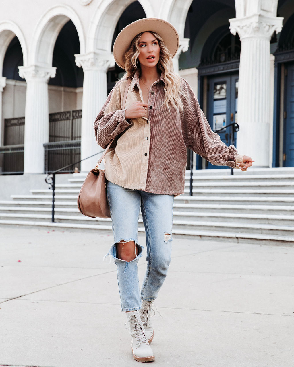 Gus Cotton Colorblock Corduroy Shacket - Chocolate Beige Ins Street