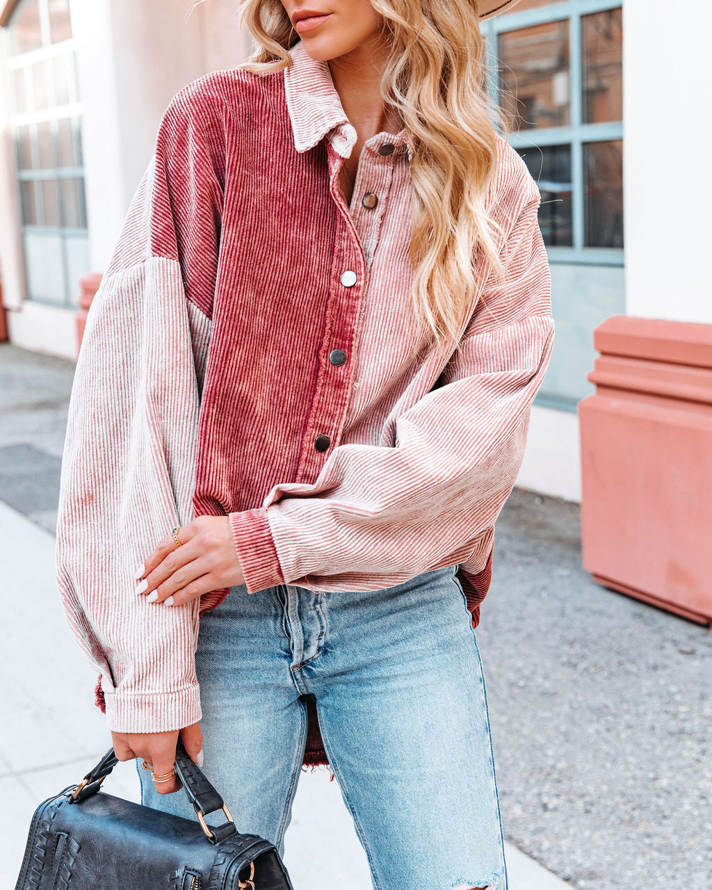 Gus Cotton Colorblock Corduroy Shacket - Rose Burgundy Ins Street