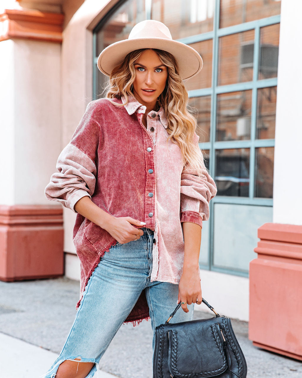 Gus Cotton Colorblock Corduroy Shacket - Rose Burgundy Ins Street