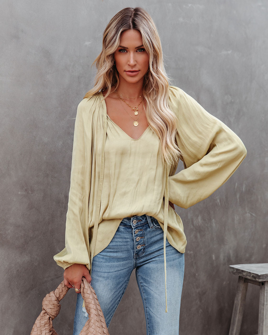 Harrow Satin Split Neck Blouse - Olive - FINAL SALE Ins Street