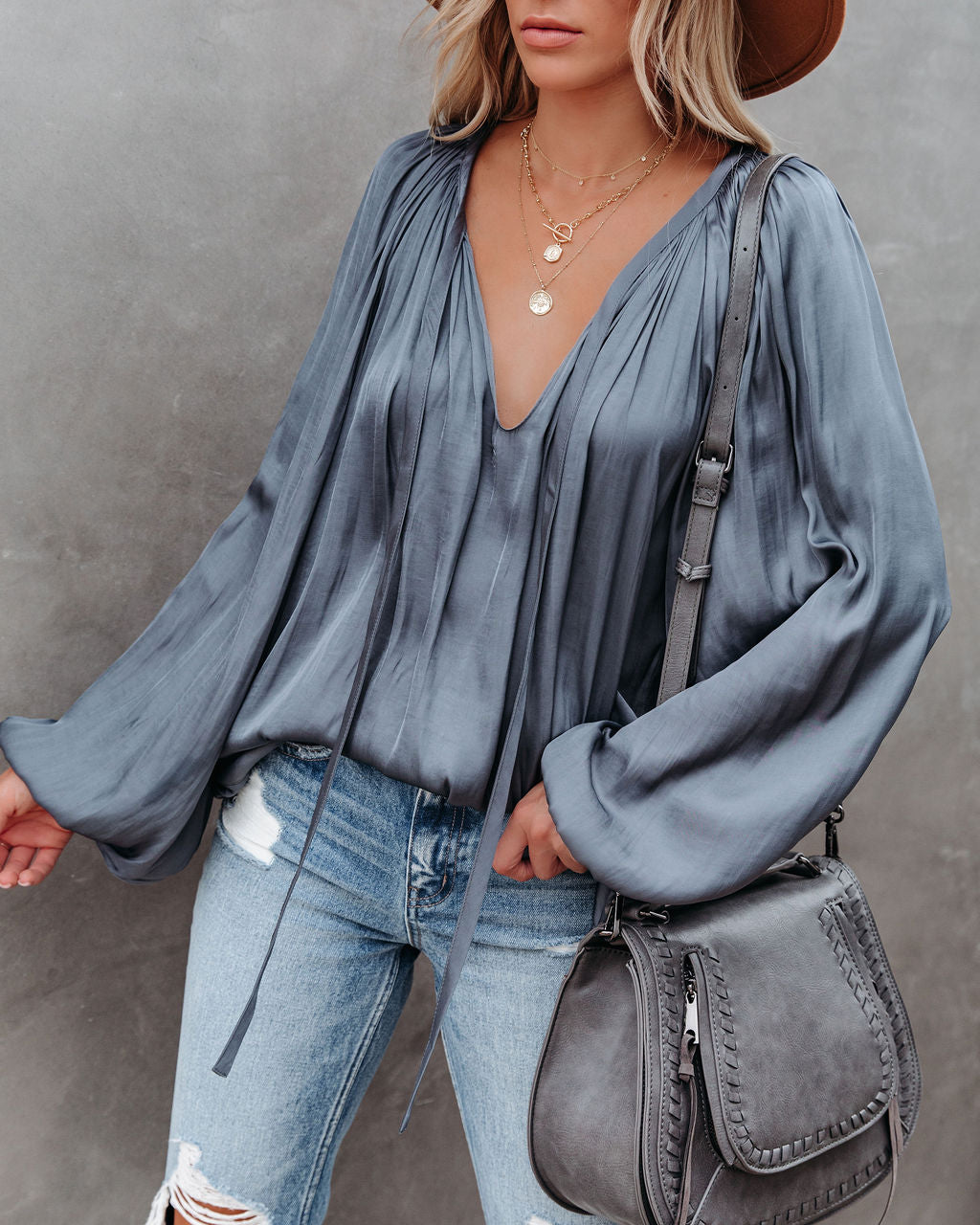 Harrow Satin Split Neck Blouse - Slate Ins Street