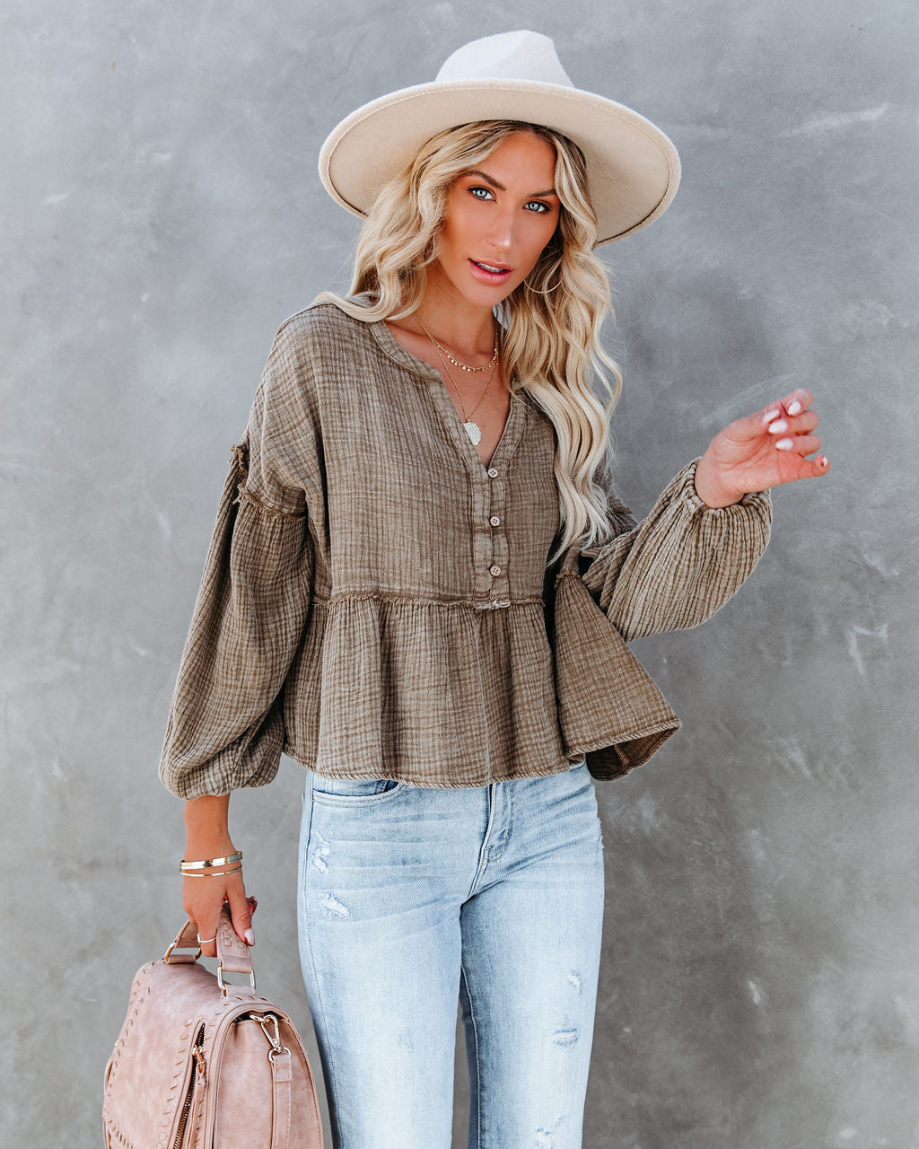 Havasu Crop Babydoll Top - Taupe Ins Street