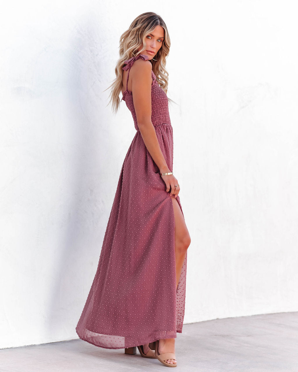 Hazelle Smocked Swiss Dot Maxi Dress - Dark Mauve Ins Street