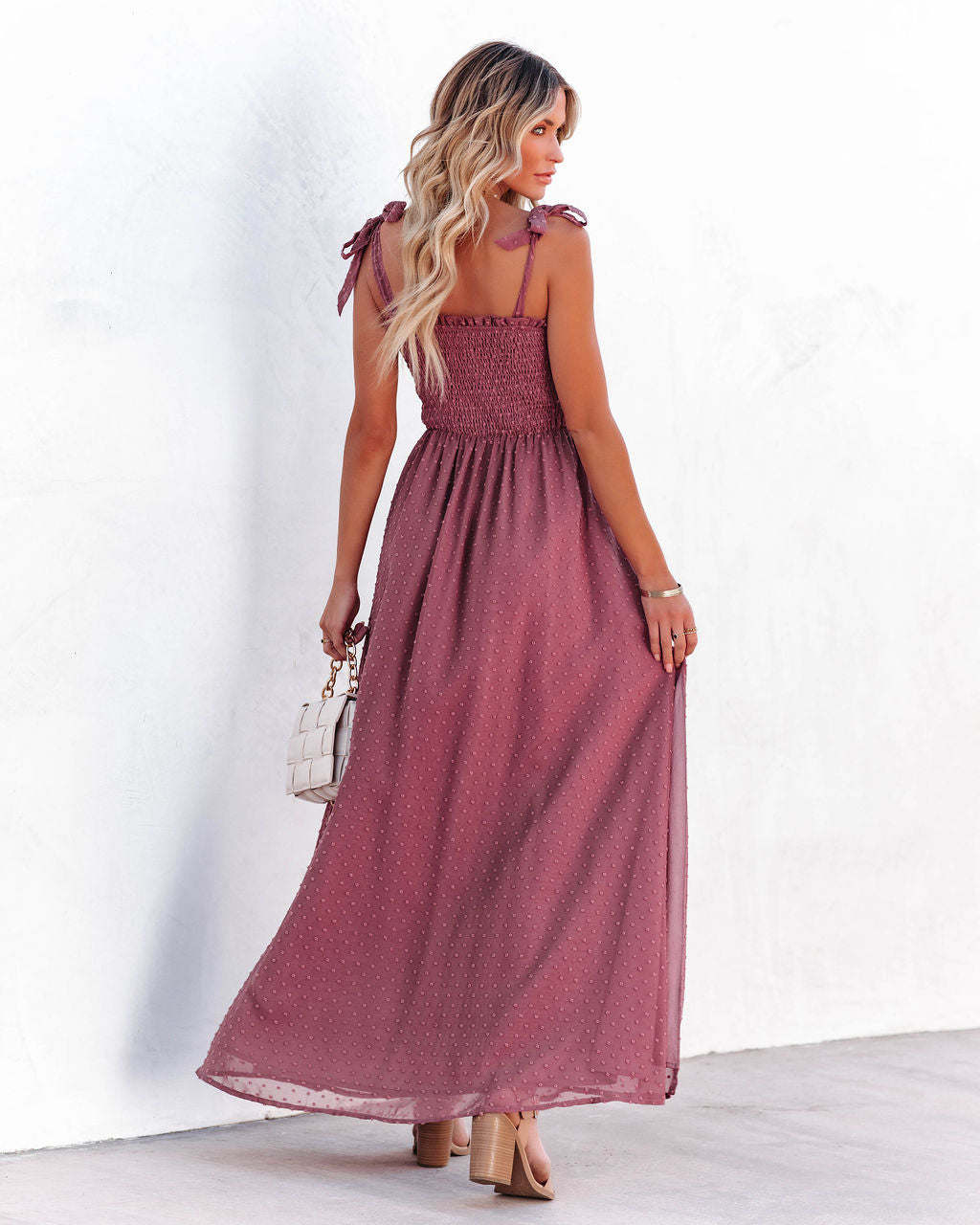 Hazelle Smocked Swiss Dot Maxi Dress - Dark Mauve Ins Street