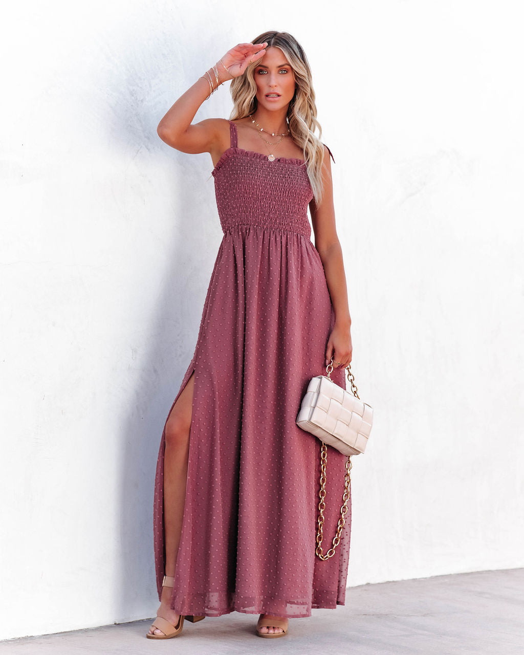 Hazelle Smocked Swiss Dot Maxi Dress - Dark Mauve Ins Street